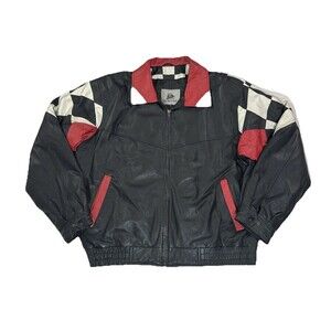 Burks Bay Checkers Motorcycle Bomber Leather Jacket Racing NASCAR Mens Size XL